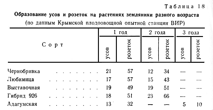  Таблица 18. Образование усов и розеток на растениях земляники разного возраста 