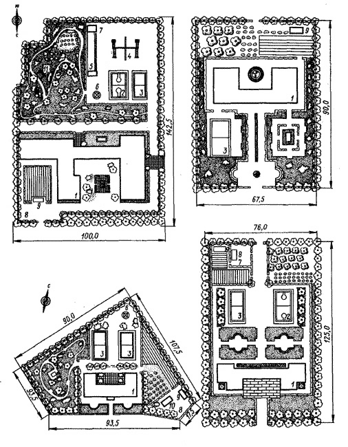Варианты планировки и озеленения пришкольных участков: 1 - здание школы; 2 - площадка для баскетбола; 3 - площадка для волейбола; 4 - площадка для гимнастики; 5 - тир; 6 - гигантские шаги;  7 - площадка для подвижных игр; 8 - хозяйственные двор; 9 - теплица; 10 - склад; 11 - беседка